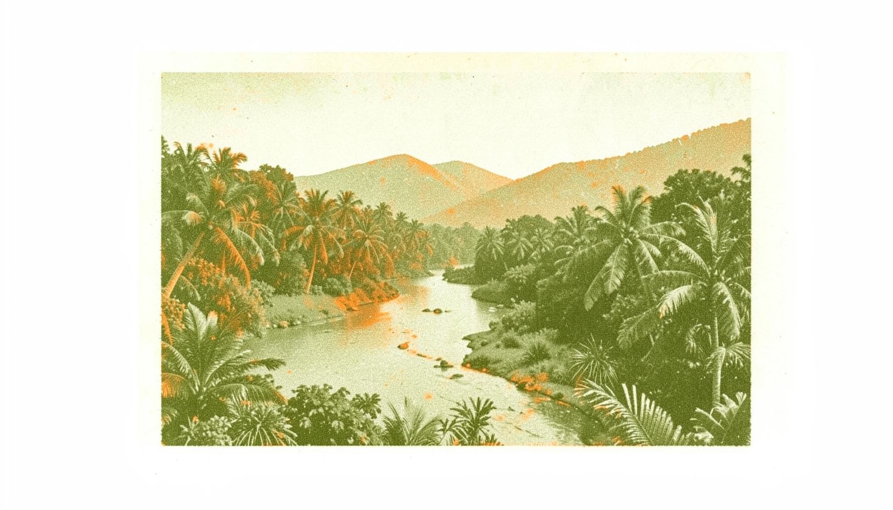 A two-ink risograph print in muted olive and warm cream tones, depicting a winding river through a lush tropical valley with distant mountain silhouettes under a hazy sky.