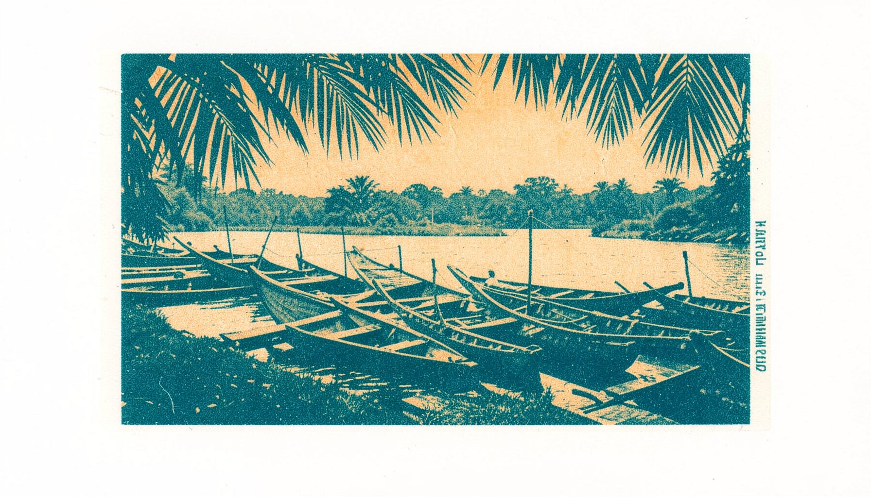 A two-ink risograph print in deep teal and sandy beige, showing a cluster of traditional wooden boats resting on a calm riverbank with palm fronds framing the upper edge.